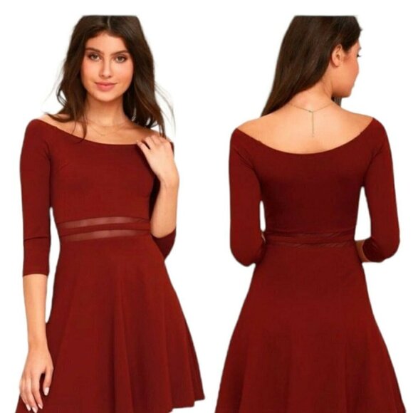 Lulus Skater Size S Dress Off Shoulder Yes To The Mesh Wine Burgundy Mesh Waist - Picture 1 of 11